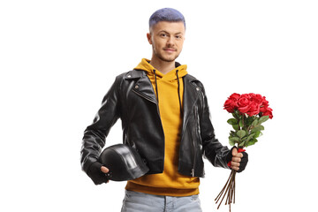 Poster - Guy with dyed hair holding a motorbike helmet and a bunch of red roses