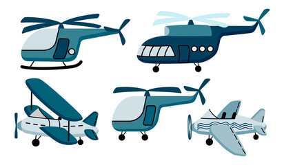 Set of helicopters and planes in cartoon.Baby air transport icons isolated on white background.Hand drawn vector illustration for design cards,stickers,posters,print on fabric and paper.
