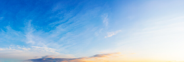 wide angle panorama of a sky at sunrise. glowing clouds on a sunny weather. world environment day concept. nature series in summer. creative gradient background for installation and design