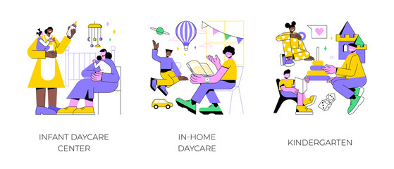 Poster - Childcare services abstract concept vector illustration set. Infant daycare center, in-home daycare, kindergarten, early kid development, nursery home, toddler early education abstract metaphor.