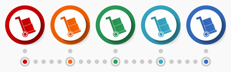Aufkleber - Barrow, delivery service concept vector icon set, infographic template, flat design colorful web buttons in 5 color options
