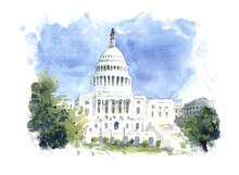 Watercolor Hand Drew Architecture Sketch Illustration Of Capitol Washington DC The USA 