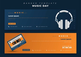 Wall Mural - Landscape banner design with headset and cassette vector illustration for world music day design