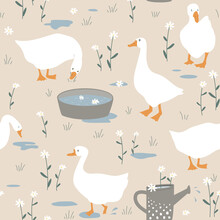 Cute Seamless Pattern With Goose And Doodle Flowers After The Rain. Geese In The Grass. Vector Illustration On White Background