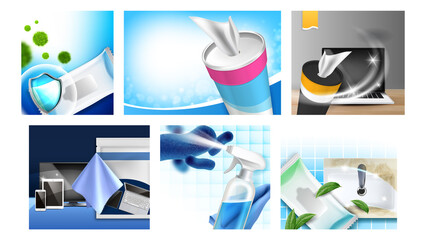 Sticker - Cleaning Wipes Creative Promo Posters Set Vector. Cleaning Wipes Blank Package, Container And Spray Advertising Banners. Disinfection Napkin For Wash And Clean Style Concept Template Illustrations