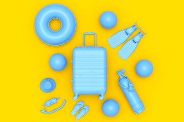 Colorful suitcase or baggage with beach accessories on monochrome yellow