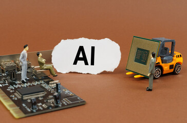 Poster - On a brown background, a loader, a processor, a microcircuit, figures of people and paper with the inscription - AI