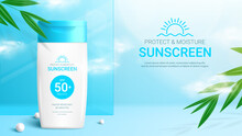 Sunscreen Ad Banner Template. Banner With 3d Jar Of Sunscreen, Tropical Plants, Pearl, Glass And Clouds. Vector 3d Ad Illustration For Promotion Of Summer Goods.