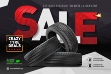 Tyre Sale Vector Store Promo Poster With  Tires And Grunge Black Track Tread Marks. Rubber Protectors Shop Discount Promotion With Realistic Tyres. Car Wheels For Sport, Vehicle, Transportation.