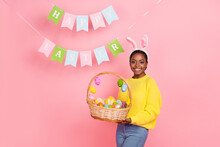 Photo Of Charming Positive Girl Hold Easter Food Basket Have Good Mood Isolated On Pink Color Background