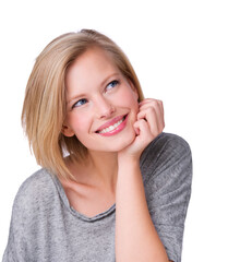 Poster - I wonder if hes thinking of me too. An isolated studio shot of a beautiful young woman.