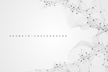 Fototapete - Geometric abstract background with connected lines and dots. Connectivity flow point. Molecule and communication background. Graphic connection background for your design. Vector illustration.