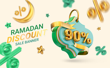 Ramadan and eid big offer 90 percent discount sale poster design 3d render for social banner