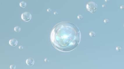 Aufkleber - 3D rendering Cosmetics Blue Serum bubbles on defocus background. Collagen bubbles Design. Moisturizing Essentials and Serum Concept. Vitamin for personal care and beauty concept. 