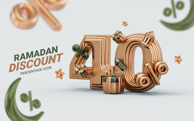 Ramadan and Eid sale banner template Discount 40 percent 3d render crescent moon, lantern gift box