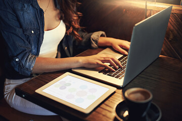 Poster - Nothing inspires her like fresh coffee. Shot of an unidentifiable young woman using her laptop in a coffee shop.