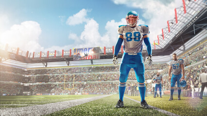 Poster - Brutal american football player standing in fan day stadium. Sports emotions