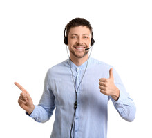 Consultant Of Call Center In Headset Showing Thumb-up And Pointing At Something On White Background