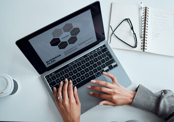 Poster - Ensuring many solid strategies in her business plan. High angle shot of an unrecognisable businesswoman using a laptop in an office.