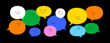 Diverse Colorful Chat Bubble Character Illustration Set. Multi Color Rainbow Cartoon Text Balloon Collection In Funny Children Doodle Style. Friendly Team Work Or Group Conversation Concept.