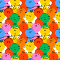 Diverse colorful children people crowd seamless pattern illustration. Multi color little kid cartoon characters in funny childish doodle style. Friendly community or school student background concept.