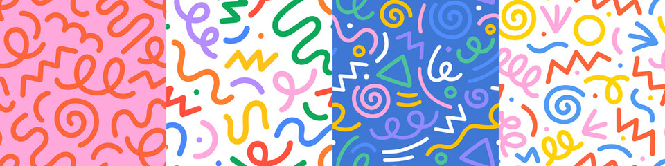 Wall Mural - Set of fun colorful line doodle seamless pattern. Creative minimalist style art background collection for children or trendy design with basic shapes. Simple childish scribble backdrop bundle.