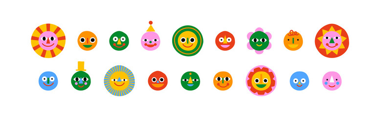 Wall Mural - set of cute happy faces in funny colorful children illustration style . flat cartoon people head col
