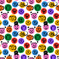 Wall Mural - diverse colorful children people face seamless pattern illustration. multi color little kid cartoon 