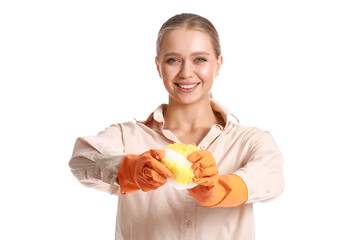 Canvas Print - Young woman with sponge on white background