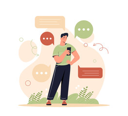 Poster - Concept of chatting. Young guy stands with smartphone, communication in social networks, Internet and modern technologies. Character shares news with friends. Cartoon flat vector illustration