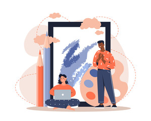 Poster - concept of painting. man and woman next to palette and pencil. freelancers and graphic designers, cr