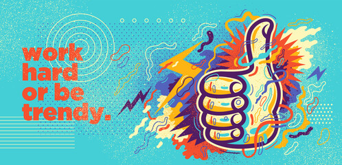 Abstract lifestyle illustration with thumb up and colorful splashing shapes. Vector illustration.