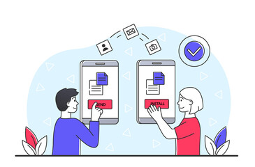 Fototapete - Media transfer concept. Man and girl send files from one device to another, cloud service and internet. Social networks and mail correspondence, modern technologies. Cartoon flat vector illustration