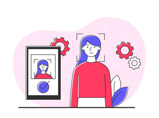 Poster - concept of recognition. phone identifies user, personal data protection and verification. modern tec