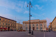 Sunrise view of Piazza del Popolo with Post Office palace and Neptune fountain in Pesaro, Italy