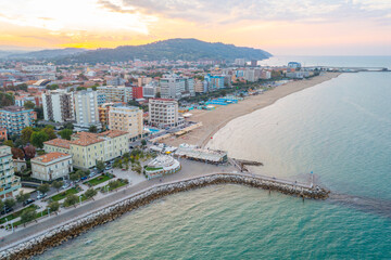 Wall Mural - Sunset aerial view of the beach in Italian town Pesaro