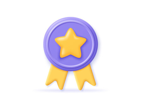 3d medal icon with golden star and ribbons. Render symbol of victory awards of winners in sports events. Concept high quality rating. 3d vector illustration