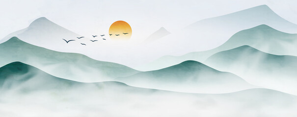 Sticker - Watercolor landscape art background with mountains and hills with sun and fog. Abstract ink banner for wallpaper design, interior, decor, print, packaging