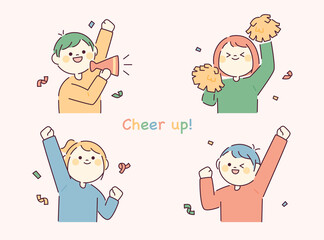 Fototapete - Round and cute face character. People are holding cheering tools and cheering. flat design style vector illustration.