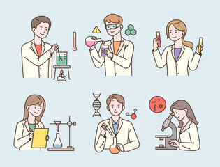 Poster - Scientists in white gowns are doing research with laboratory equipment. flat design style vector illustration.