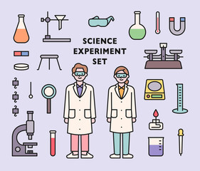 Wall Mural - set of cute scientist characters and laboratory experiment tools icons. flat design style vector ill