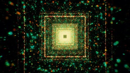 Poster - Colorful glowing particles in tunnel flow with squares. Motion. Beautiful flow of colorful particles in square tunnel. Cosmic or virtual tunnel with stream of particles