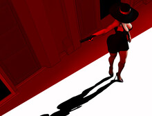 3d Render Illustration Of Noir Style Sexy Detective Lady In Black Dress And Hat Standing And Aiming Gun On Red Toned City Street.
