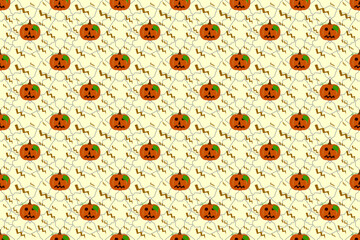 Wall Mural - Halloween pumpkin pattern seamless wallpaper on a light yellow cream background with lightning pattern.