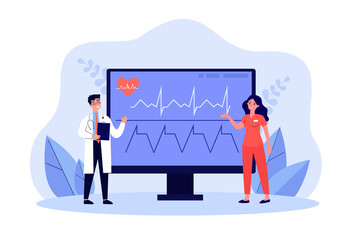 Cardiologists examining cardiogram on computer screen. Heart health control by tiny man and woman flat vector illustration. Cardiology, medicine concept for banner, website design or landing web page