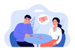 Sad couple sitting at table and counting money coins. Stress of man and woman with financial problems flat vector illustration. Budget, poverty concept for banner, website design or landing web page