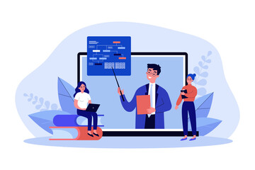 Wall Mural - High school education online for tiny students. Man with pointer on laptop screen giving video lecture to girls flat vector illustration. Study concept for banner, website design or landing web page