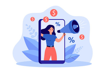 Wall Mural - Woman from phone screen shouting into megaphone about discounts. Girl warning about seasonal sales flat vector illustration. Online campaign concept for banner, website design or landing web page