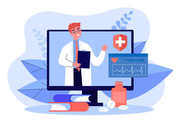 Poster - Online cardiologist appointment on laptop screen. Man examining heart, cardiovascular health flat vector illustration. Telemedicine, cardiology concept for banner, website design or landing web page