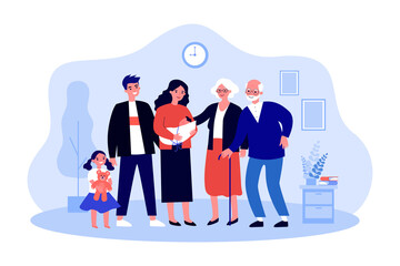Poster - Big family of kids, parents and grandparents standing together. Group of adults and children at home flat vector illustration. Generation, family concept for banner, website design or landing web page